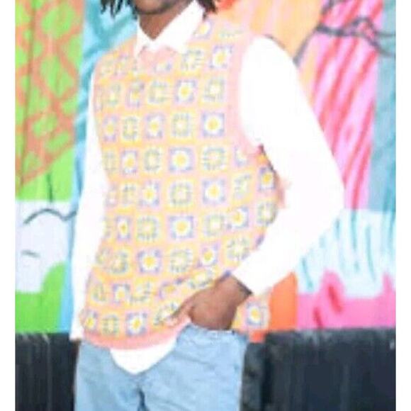 WESC Crochet Sweater Vest Mens Sz S Womens M NWT Floral Patchwork Blue Pink - Picture 1 of 7